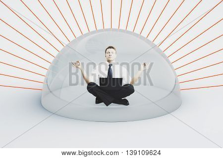Internet security concept. Businessman with laptop meditating under shield attacked by red laser rays on light background. 3D Rendering