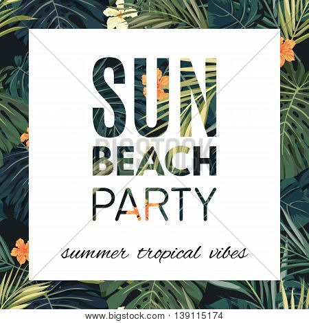 Bright hawaiian design with tropical plants and hibiscus flowers, vector illustration