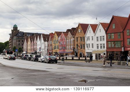 BERGEN, NORWAY - JULY 2, 2016: Bryggen is quarter at the era of the Hanseatic League which is the main attraction and hallmark of the city.