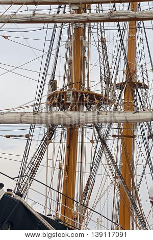 GAETA ITALY - JUNE 25 2016: The three masted Palinuro a historic Italian Navy training barquentine moored in the Gaeta port.
