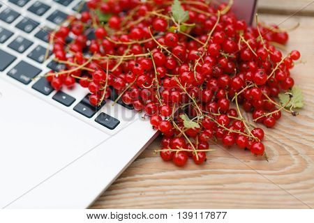 Berries Of A Red Currant And Laptop On The Brown Wooden Texture