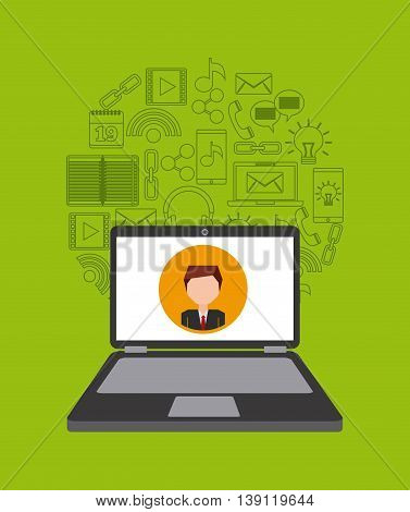 Social media concept represented by man inside laptop with icon set. Colorfull and flat illustration.