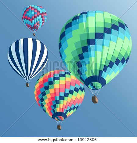 Set of colorful hot air balloons on a blue background view from below