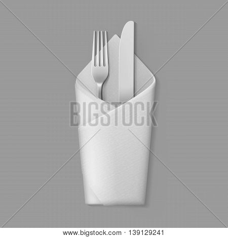 Vector White Folded Envelope Napkin with Silver Fork and Knife Top View Isolated on Background. Table Setting
