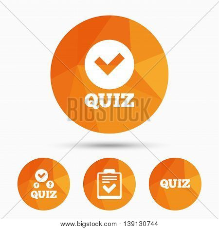 Quiz icons. Checklist with check mark symbol. Survey poll or questionnaire feedback form sign. Triangular low poly buttons with shadow. Vector