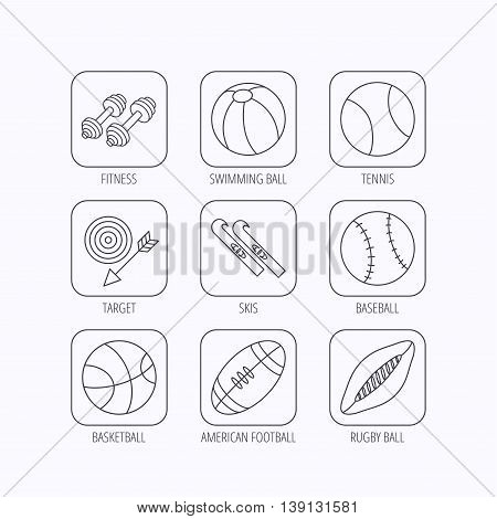Sport fitness, tennis and basketball icons. Baseball, skis and American footbal signs. Rugby, swimming or pilates ball icons. Flat linear icons in squares on white background. Vector
