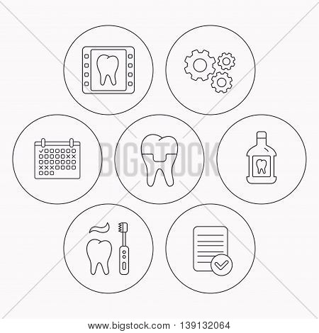 Dental crown, x-ray and brushing teeth icons. Mouthwash linear sign. Check file, calendar and cogwheel icons. Vector