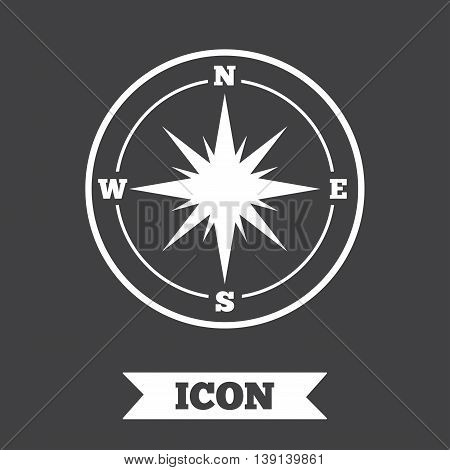 Compass sign icon. Windrose navigation symbol. Graphic design element. Flat windrose compass symbol on dark background. Vector