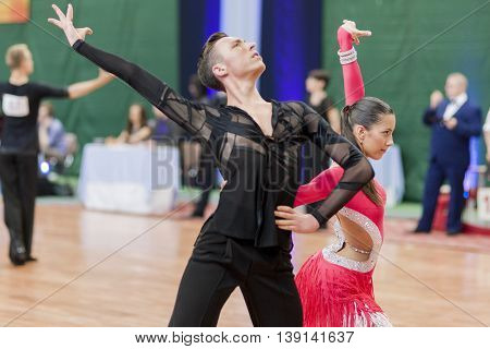 Minsk Belarus -May 29 2016: Kruk Timophey and Konopleva Diana Perform Youth-2 Latin-American Program on National Championship of the Republic of Belarus in May 29 2016 in Minsk Belarus