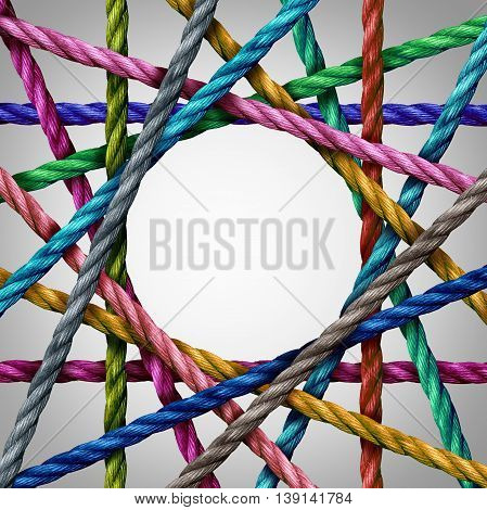 Connected divesisty and circle shaped group of ropes creating a centralized circular shape as a connect concept for business or social media.