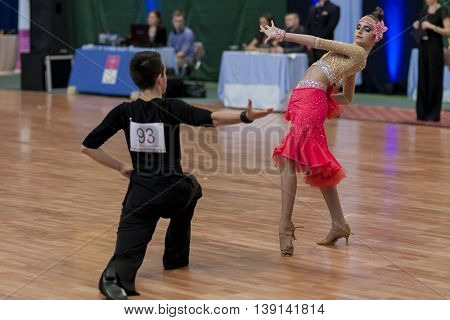 Minsk Belarus -May 29 2016: Shumak Arseniy and Hohlova Anastasiya Perform Youth-2 Latin-American Program on National Championship of the Republic of Belarus in May 29 2016 in Minsk Belarus