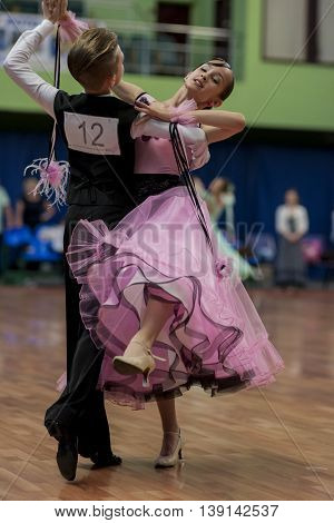 Minsk Belarus -May 29 2016: Tabolin Michail and Zhukovskaya Alina Perform Juvenile-1 Standard European Program on National Championship of the Republic of Belarus in May 29 2016 in Minsk Republic of Belarus