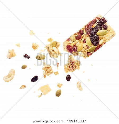 Broken Crispy Honey Fruit Granola Bar isolated on white. Fit food concept