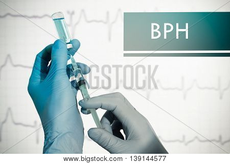Stop BPH (benign prostatic hyperplasia). Syringe is filled with injection. Syringe and vaccine