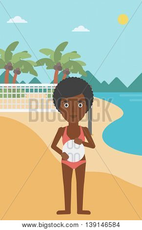 An african-american sports woman holding volleyball ball in hands. Sportive beach volleyball player standing at the shore with voleyball net. Vector flat design illustration. Vertical layout.