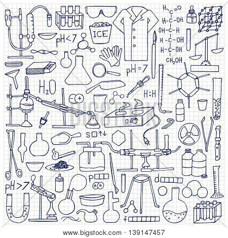 Chemistry doodle hand drawn set. Science elements and objects on squared paper