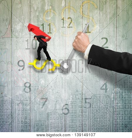 Man Carrying Red Arrow Balance On Money Sign Clock Hands With Another Holding, Old Wooden Wall, 3D I