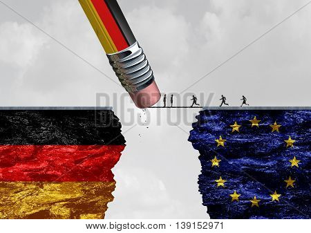 Germany border immigration control as a European refugee crisis as people in Europe running to cross a bridge that is being erased by a German flag pencil with 3D illustration elements.