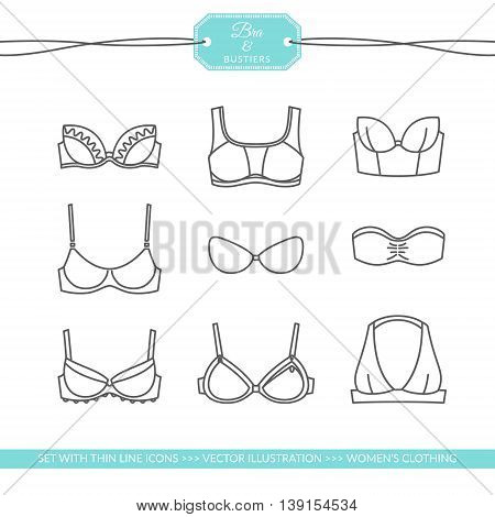 Set with thin line icons. Bra and bustiers. Women's clothing. Vector illustration