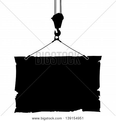 Hook crane lifts the poster. Black and white vector illustration.