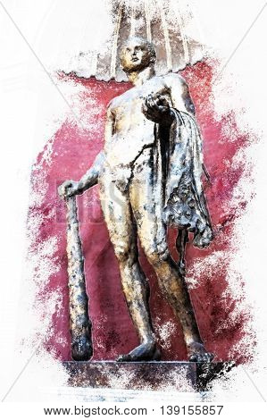 Hercules of the Theatre of Pompey in Vatican Museums. Vintage painting, background illustration, beautiful picture, travel texture