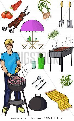 A set of isolated objects for outdoor recreation Grill and barbecue Shish kebab skewers thermos and flasks vegetables and herbsMan preparing sausages vector illustration