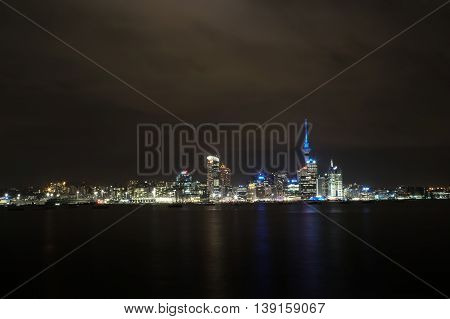 Auckland cityscape at cloudy night, long exposure