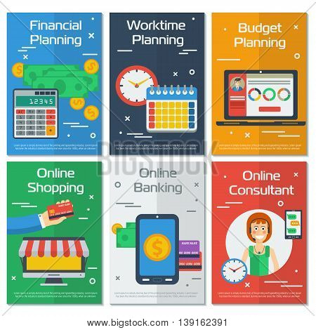 Vector six vertical banners financial and planning concept. Three - financial worktime and budget planning. Other - Online shopping banking and consultant in flat style