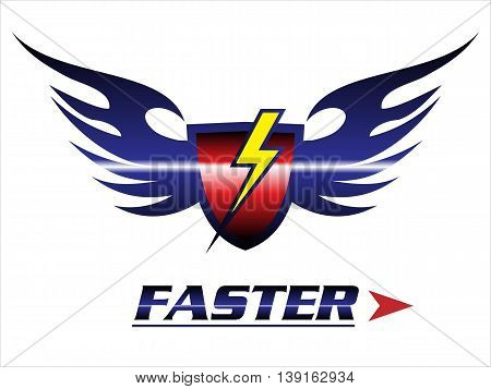 faster. shield & wings with the light icon. red shield with the black flame. winged red shield and light