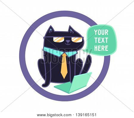 Black Cat at the computer Vector Illustration. Beautiful Cat On A White Background with circle