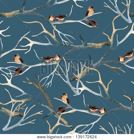 Watercolor birds on the tree branches. Flock of birds in winter. Hand painted seamless pattern
