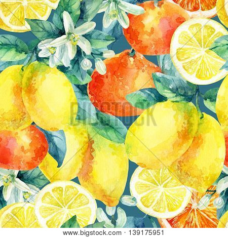 Watercolor mandarine orange and lemon fruit with leaves and blossom seamless pattern. Orange lemon citrus tree background. Tangerine lemon leaf flower in retro style. Hand painted illustration