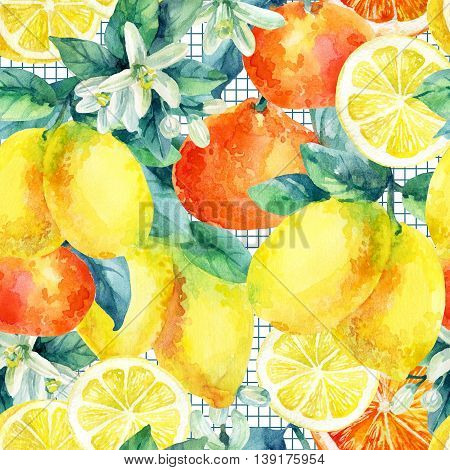Watercolor mandarine orange and lemon fruit with leaves and blossom seamless pattern. Citrus tree background. Tangerine lemon leaf flower in retro style on cell grid. Hand painted illustration