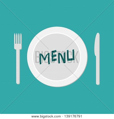 Plate with fork knife and chefs hat. Restaurant food dish. Menu card. Flat material design style. Green background. Vector illustration.