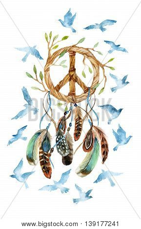 Dreamcatcher with birds feathers and peace sign. Watercolor ethnic dream catcher shaped in peace sign form. Peace sign flying birds and feathers. Hand painted illustration for your design