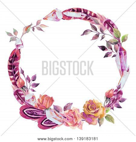 Watercolor crystal gems feathers and flowers wreath. Hand painted illustration with minerals isolated on white background for your design in boho style.