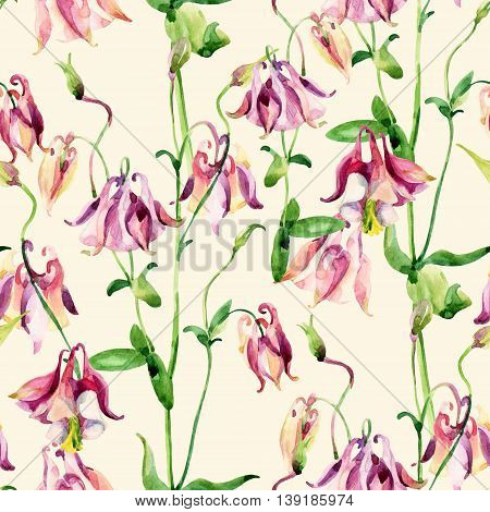 Watercolor meadow bellflowers seamless pattern. Watercolor wild columbine flowers on pastel background. Hand painted illustration