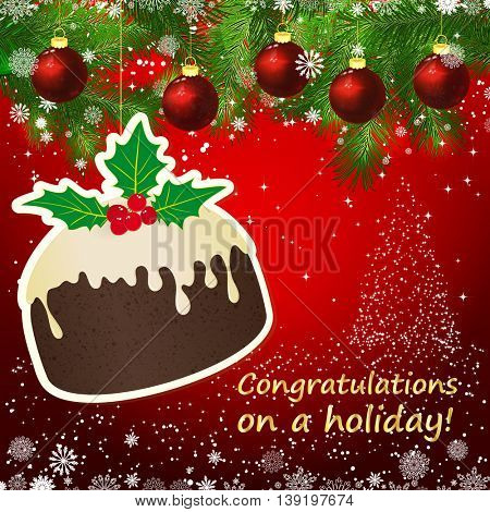 Vector puding New Year design background. Template card whit red Christmas balls on the green branches. Silhouette of a Christmas tree made of stars. Falling snow.  Holiday illustration.
