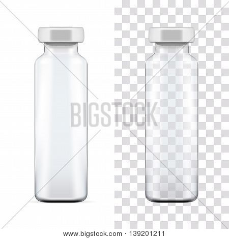 Transparent glass medical ampoule with aluminium cap. Vector illustration.