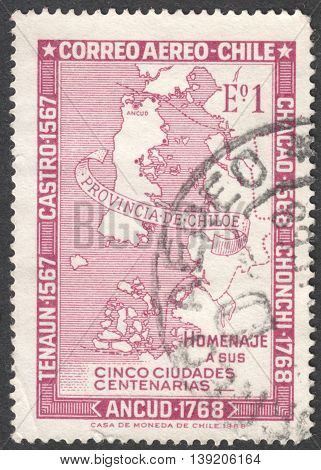 MOSCOW RUSSIA - JANUARY 2016: a post stamp printed in CHILE shows a map of Chile the series 