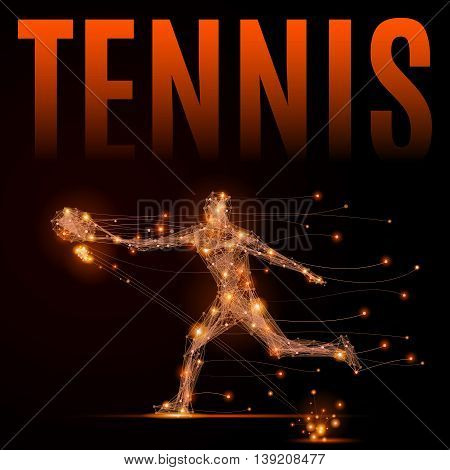 Abstract line tennis player in motion. Silhouette of a man made of lines and points. Polygonal background tennis competitions. Fire style vector illustration.