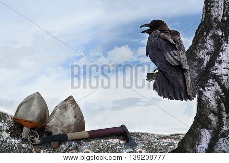 historical background with bird - raven and ancient weapons