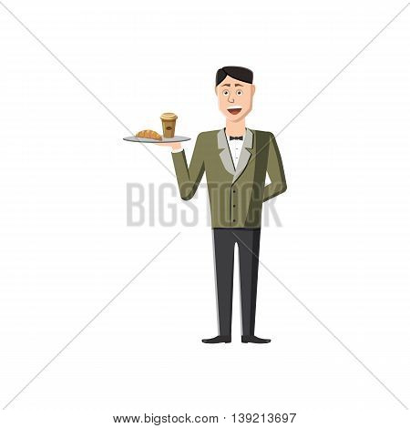 Waiter holding tray with food icon in cartoon style on a white background