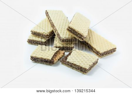 A chocolate wafer broken close up isolated