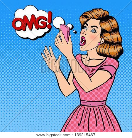 Shocked Young Blond Woman Holding Mobile Phone. Pop Art. Vector illustration