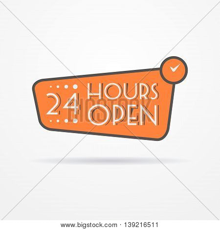 Isolated 24 hours label in graphic style with stylized clock and shadow. Emblem vector stock image.