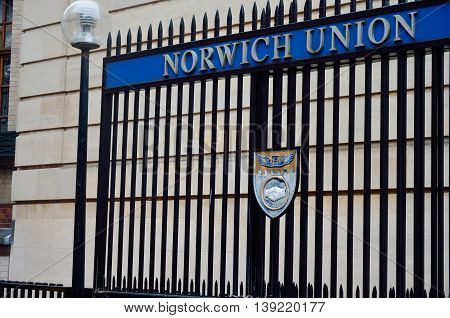 NORWICH NORFOLK UK October 2 2014: Norwich Union gates
