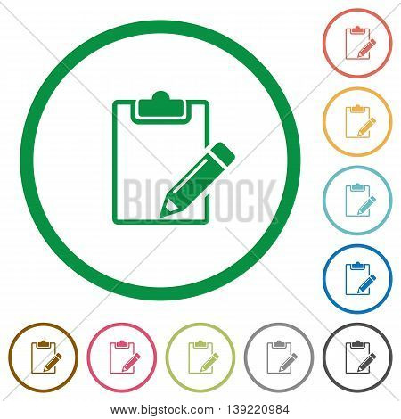 Set of Blank notepad with pencil color round outlined flat icons on white background