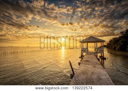 Sunrise Time Thai Fisherman Village In Bangtaboon Petchaburi, Thailand