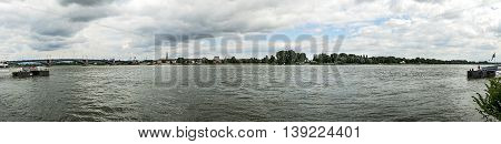 Skyline Of Left Rhine Bank Seen From Mainz With Old Bridge
